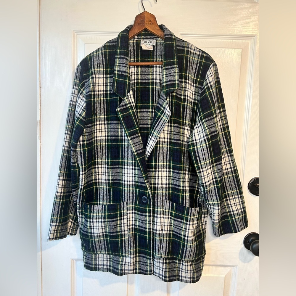 Vintage Large tweed wool blend Plaid Blazer with pockets